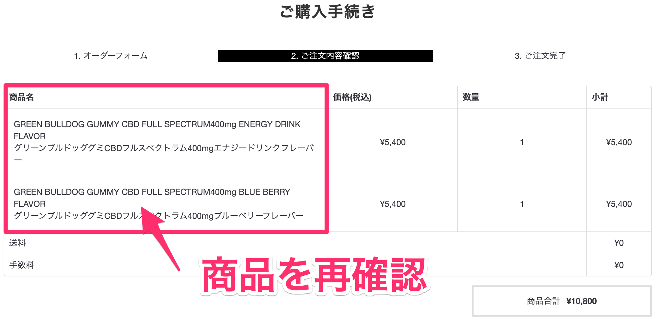 購入商品の再確認